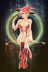 1girls big_breasts blonde_hair boots breasts busty cape character_request cleavage clothed copyright_request corset elf elf_ears female female_only flying green_eyes hat large_breasts looking_at_viewer pink_lips pinup pointed_ears pointy_ears r62 red_boots red_cape red_corset red_hat red_swimsuit short_hair sitting skimpy solo swimsuit thick_lips thighs witch_hat