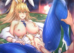 animal_ears antiqq artoria_pendragon artoria_pendragon_(lancer) artoria_pendragon_(swimsuit_ruler) bangs big_breasts blonde_hair blue_legwear blush braid breasts breasts_out bunny_ears bunnysuit casino_card_table censored detached_collar fate/grand_order fate_(series) feather_boa female fishnet_pantyhose fishnets french_braid green_eyes high_heels highleg highleg_leotard highres knee_up leotard leotard_pull long_hair looking_at_viewer lying missionary navel_cutout nipples on_back pantyhose penis ponytail pussy sex sidelocks solo_focus spread_legs straight thighs tiara torn_clothes torn_legwear vaginal_penetration white_leotard wrist_cuffs