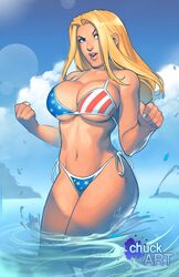 1girls american_flag american_flag_bikini artist_name big_breasts bikini blonde_hair blue_eyes bra breasts busty chuck_pires cleavage curvaceous curvy female female_only fist huge_breasts human large_breasts long_hair nail_polish panties partially_submerged patriotika pink_lips pinup solo standing standing_in_water superheroine text thick_thighs thighs voluptuous water white_nail_polish white_nails