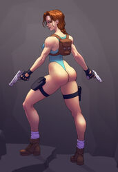 1girls ass boots clothed clothed_female clothes clothing dual_wielding female female_only from_behind full_body jiggeh josef_axner lara_croft lara_croft_(classic) leotard one-piece_swimsuit one-piece_thong pistol revealing_clothes smile solo standing swimsuit thigh_holster tomb_raider