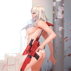 ass breasts curvy dat_ass detailed_background female_only gun herowarz kang_joo_sung side_view thick thigh_highs white_hair