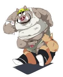 2019 anthro armor balls censored clothing duo headgear helmet hi_res japanese_text male male_only mammal overweight overweight_male penis shirt simple_background suid suina sus_(pig) taro_heppoko text topwear white_background wild_boar