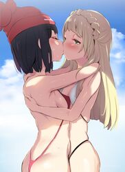 2girls ass bikini black_hair blonde_hair blush breasts closed_eyes female female_only green_eyes human human_only kissing lillie_(pokemon) noripachi pokemon pokemon_sm selene_(pokemon) sling_bikini swimsuit thong yuri