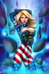 1girls american_flag american_flag_bodysuit arms_up big_breasts black_corset black_gloves blonde_hair blue_eyes boulder boulders breasts busty cleavage corset elias_chatzoudis eye_contact female female_only front_view gloves human large_breasts lipstick long_hair looking_at_viewer patriotika pinup red_lips red_lipstick rock rocks skintight solo standing superheroine swimsuit thighs