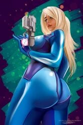 1girls artist_name ass blonde_female blonde_hair blue_bodysuit blue_eyes bodysuit breasts celebrity clothed cosplayer dat_ass egirl eye_contact eyeshadow fanart female female_only from_below fully_clothed gun holding_gun huge_ass human jenna_lynn_meowri killbiro laser_gun long_hair looking_down looking_down_at_viewer makeup mascara meowri metroid nintendo pinky_out pinup ponytail real_person samus_aran samus_aran_(cosplay) shiny shiny_clothes signature solo standing streamers thick_ass thighs weapon wide_hips youtuber zero_suit zero_suit_samus