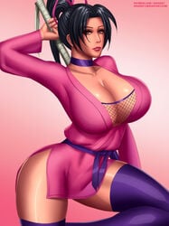 1girls big_breasts big_breasts black_hair breasts busty cleavage collar curvaceous curvy dress eye_contact female female_only history's_strongest_disciple_kenichi huge_breasts human knee_up large_breasts lipstick long_hair looking_at_viewer pink_dress pinup ponytail purple_collar purple_eyes purple_sash purple_thighhighs sash shigure_kousaka solo svoidist text thick_thighs thighhighs thighs unsheathing voluptuous weapon weapon_on_back