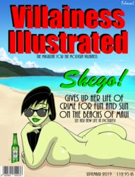 1girls artist_name back_view bare_shoulders beach beer big_breasts black_hair breast_press busty butt_crack curvy disney english_text female female_only fnbman glasses green_lipstick green_skin hourglass_figure human kim_possible long_hair looking_at_viewer looking_over_eyewear looking_over_glasses lying magazine_cover makeup naked nude open_mouth pose posing shego shiny sideboob solo sunglasses text tinted_eyewear voluptuous wide_hips