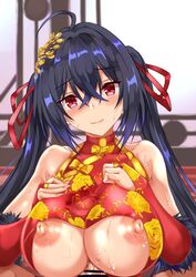 1boy 1girls azur_lane breasts breasts_out china_dress chinese_clothes dark-skinned_male dark_skin female hair_ornament light-skinned_female light_skin looking_at_viewer male male_pov paizuri paizuri_under_clothes penis penis_between_breasts pov red_eyes sakura_empire_(azur_lane) taihou_(azur_lane) twintails uchida_shou