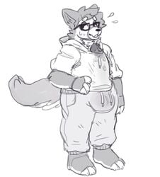 2019 anthro barefoot big_penis bodily_fluids bottomwear bulge canid canine canis claws clothed clothing dogfluid_(fursona) domestic_dog embarrassed erection erection_under_clothing eyewear fur genital_fluids glasses hair hi_res hoodie huge_cock humanoid_penis looking_away male male_only mammal pants penis precum precum_drip sketch slendid slightly_chubby solo standing sweat sweatdrop sweatpants toe_claws topwear