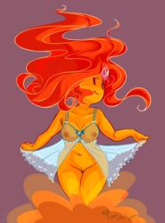 adventure_time belly_button big_breasts blush breasts dress erect_nipples female female_only fire_hair flame_princess laurlaur mostly_nude nervous nightgown nipples no_panties orange_skin princess pussy see-through_bra shy smile thick_thighs thighs wide_hips