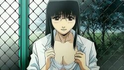 1girls asada_shouko ashamed bangs bangs_between_eyes big_breasts black_hair blush blush_lines blushing breast_focus breasts brown_eyes busty buttons center_opening cleavage clothing collared_shirt embarrassed eyewear female female_focus female_only flashing flashing_breasts glasses high_resolution light-skinned_female light_skin long_hair looking_at_breasts looking_at_own_breasts looking_at_viewer megane oppai panchira_teacher rimless_eyewear rimless_glasses school_uniform screencap schoolgirl shiny shiny_hair shiny_skin shirt shy shy_female sleeves_rolled_up solo sweat teenage_female teenager trembling upper_body upper_body_focus undressing taking_clothes_off