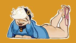 2026 2d 2d_(artwork) black_eyes blue_sweater brawl_stars breast_press breasts breasts_out colette_(brawl_stars) crazy_eyes digital_media_(artwork) foot_fetish foot_play half_naked horny_female looking_at_viewer lying lying_on_stomach naked_ass no_legwear no_panties no_underwear panties_down pink_panties puzopam_(artist) reddened_butt round_ass shark_teeth sharp_teeth shirt_lift shirt_up short_hair slight_blush slightly_chubby_female smile soaked_panties suggestive sweater_lift tagme teasing tongue_out wet_panties white_hair white_skin