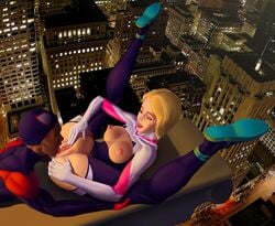 1boy 1girls asymmetrical_hair blonde_hair bodysuit breasts cunnilingus dark-skinned_male dark_skin female gloves gwen_stacy gwen_stacy_(spider-verse) interracial ksen marvel miles_morales night nipples outdoor_sex outdoors photo_background piercing pussy spider-gwen spider-man:_into_the_spider-verse spider-man_(miles_morales) spider-man_(series) straight_hair torn_bodysuit