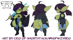 2d 2d_(artwork) 2d_artwork areola areolae armor big_ass big_breasts big_butt big_ears big_thighs black_armor character_sheet chubby chubby_female clothed clothing enna_(palewdasarts) female female_only goblin goblin_female green_skin impractical_armor knight nipple_armor nipple_pasties oc original_character purple_eyes purple_hair reference_sheet revealing_armor revealing_clothes scar shield shortstack sword tabard tagme thick_thighs unconvincing_armor zyreo