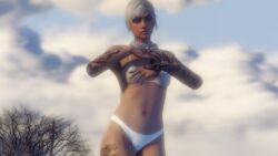 3d 3dcg absurd_res back_tattoo bare_shoulders beautiful_woman bracelet chain_necklace cleavage dancing diamond_necklace female_only front_view game_cg grand_theft_auto grand_theft_auto_online gta_online_female_character heart_tattoo highres jadumthelegendary leaning_to_the_side mature_woman navel oblivious_sexualization ponytail rockstar_editor small_breasts solo_female source_request strutting text thigh_tattoo tomboyish unbothered white_bikini white_hair