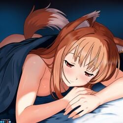 arms_crossed ass_up bedroom brown_hair holo laying_on_bed laying_on_stomach naked naked_female nude nude_female red_eyes sleeping spice_and_wolf tagme tardan07 under_blanket wolf_ears wolf_girl wolf_tail