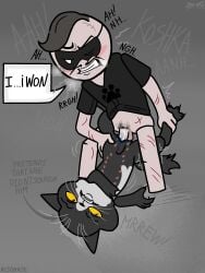 anatomically_correct butch_(mewgenics) dark_humor female funny_dialogue gray_background human_on_cat ibispaintx mewgenics no_ai pathos risobase tagme zoophilia