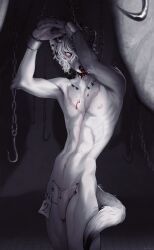 abdominal_scar absurd_res anthro arm_tuft artist_name athletic athletic_anthro athletic_male beastfromhell big_penis biped bird_dog blood bodily_fluids bound canid canine canis chain chained chest_scar digital_media_(artwork) dim_lighting domestic_dog ear_piercing elbow_tuft flaccid fur genital_piercing genitals hair hands_tied hi_res humanoid_genitalia humanoid_hands humanoid_penis hunting_dog inside labrador long_scar looking_at_viewer male male_anthro mammal meathook monotone_body monotone_fur nipples nosebleed penis penis_piercing piercing prince_albert_piercing retriever scar signature slim snout solo standing sylvain_(feretory) tail text tuft white_body white_fur white_hair