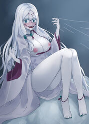 1girls big_ass big_breasts blue_eyes blue_nails blush breasts breasts_out clothes coldcat. crying crying_with_eyes_open demon_slayer eye_contact facial_markings fangs feet female female_only holding kimetsu_no_yaiba large_ass legs long_hair looking_at_viewer milf mother_spider_demon nail_polish pale_skin sitting solo source_request tears teeth thick_eyebrows toenail_polish toes white_hair white_skin