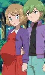 1boy 1girl 1girl1boy aged aged_up aged_up_characters ai_generated blue_eyes brown_hair brunette drew_(pokemon) female green_hair green_hair_male pokemon pokemon_(anime) pokemon_protagonist pokemon_rse pokemon_rse_(anime) pokemon_xy pregnant pregnant_belly pregnant_female serena_(pokemon)