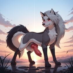 1boy ai_generated animal_genitalia big_balls big_penis canine canine_genitalia canine_penis fangs feral fur genderswap gertgrg grey_fur hellhound helluva_boss knot leaking_precum loona_(helluva_boss) male multicolored_fur notched_ear outside pinup precum red_sclera solo sunrise white_fur