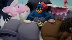 greg_(artist) greg_(greg) azure_(greg) olive_(greg) maritza_(greg) ruby_(greg) zikomo_(greg) quasar_(greg) birthday birthday_hat group anthro furry male female non-binary cake candles frosting ass_everywhere butts_everywhere ass butt big_ass big_butt huge_ass huge_butt hyper_ass hyper_butt enormous_ass enormous_butt massive_ass massive_butt ass_bigger_than_head ass_bigger_than_torso surrounded_by_ass size_difference mini_giantess larger_female protogen sergal avali toucan avain bird mammal peacock lion alligator scalie 3d 3d_(artwork) blender blender_(software) blender_cycles motion_lines