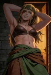 abs ai_generated armpits arms_up athletic_female bandana belly belly_button blonde-haired_female blonde_female blonde_hair blonde_hair_female blue_eyes boobs bra breasts collarbone doofusschlormpai female_focus female_only fit_female hands_behind_head headband hild_(vinland_saga) indoors leather_bra light-skinned_female light_skin looking_at_viewer manga_style medieval naughty_face navel nordic norse_woman pale-skinned_female pale_skin perfect_body scandinavian scar_across_eye scar_on_face seductive seductive_look seductive_pose seductive_smile sexy sexy_armpits sexy_body sexy_female sexy_pose shirtless_female solo_female solo_focus stable_diffusion tits topless_female viking_female vinland_saga voluptuous_female