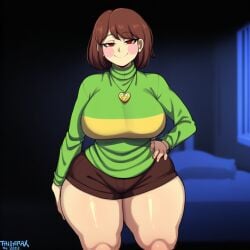 chara undertale female 1girls bedroom pose looking_at_viewer sweater short_hair brown_hair red_eyes pendant pendant_necklace big_breasts big_thighs thick_thighs breasts_bigger_than_head naked_thighhighs nighttime light-skinned_female ai_generated payaboca