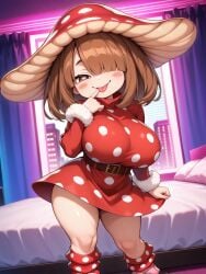 1girl ai_generated belt big_breasts blush blush_stickers boku_no_hero_academia brown_eyes brown_hair cityscape clothed_female contrapposto dressed finger_to_mouth hair_over_one_eye hat hotel_room huge_breasts indoors komori_kinoko looking_at_viewer loose_socks medium_hair mr.mawile mushroom mushroom_hat my_hero_academia naughty_face neon_lights polka_dot_dress shortstack smaller_female socks solo thick_thighs tongue tongue_out