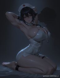 1girl ai_generated armpits arms_behind_head arms_up bangs barefoot black_hair blush breasts chain cleavage covered_navel dress female female_only hair_between_eyes hat large_breasts muscular muscular_female nurse nurse_cap nyx_x purple_eyes seiza sensitive short_dress short_hair sitting solo sweat thick_thighs thigh_strap thighs white_dress