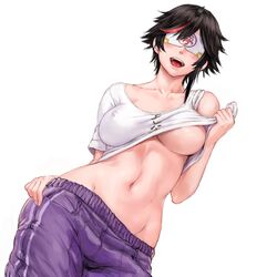 1:1_aspect_ratio bangs black_hair blindfold blush breasts clavicle covered_eyes cowboy_shot double_vertical_stripe erect_nipples erect_nipples_under_clothes facing_viewer female groin hand_on_hip large_breasts lifted_by_self mikanman minori_yumeko minori_yumeko_(character) multicolored_hair navel nipples open_mouth pants parted_bangs pocket purple_pants shiny shiny_hair shirt shirt_lift short_hair short_sleeves simple_background single_bare_shoulder smile solo standing stomach streaked_hair t-shirt text_on_clothes track_pants underboob virtual_youtuber white_background white_shirt