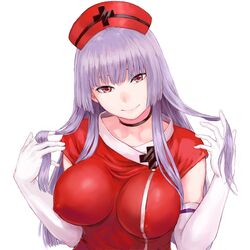 1:1_aspect_ratio bangs blunt_bangs breasts choker closed_mouth elbow_gloves erect_nipples erect_nipples_under_clothes female female gloves half-closed_eyes hands_up hat hell's_channel hime_cut large_breasts long_hair looking_at_viewer mikanman nipples nurse nurse_cap purple_hair red_eyes rokudou_mei short_sleeves simple_background smile solo upper_body very_long_hair virtual_youtuber white_background white_gloves