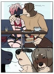3_panel_comic after_kiss animal_genitalia animal_penis anthro anthro_on_anthro blep blush bodily_fluids border bottomwear bovid bra brown_body brown_fur canid canine canine_genitalia canine_penis canis caprine cinnamon_bun clothed clothing comic denim denim_bottomwear denim_clothing denim_shorts domestic_dog dreadlocks duo english_text erection eyes_closed femboy fishnet_clothing fishnet_topwear floppy_ears food freakdan1el french_kissing fur furniture genitals handjob handjob_while_kissing hi_res kiss_on_lips kissing knot knotted_penis looking_pleasured male male/male male_anthro mammal open_bottomwear open_clothing open_pants pants pastry penile penis pink_body public saliva saliva_on_tongue saliva_string sex sheep shorts sitting small_waist sofa sweater tan_body tan_fur text thick_thighs tongue tongue_out topwear underwear white_border wide_hips