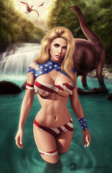 1girls alternate_version_available american_flag american_flag_bikini american_flag_bodysuit blonde_hair blue_eye bra breasts cleavage curvy dinosaur erect_nipples erect_nipples_under_clothes eye_contact female female_only green_eyes heterochromia human large_breasts long_hair looking_at_viewer martaino nipple_bulge nipples panties patriotika pink_lips pinup pterodactyl realistic ripped_clothing savage_land solo striped_bra striped_panties superheroine tattered_clothing torn_bodysuit torn_clothes torn_clothing torn_swimsuit wading water waterfall