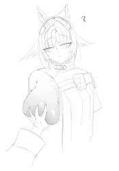 1boy 1boy1girl 1girls ? animal_ears arcane_(arknights:_endfield) arknights arknights:_endfield breast_grab breast_squeeze breast_squeezed breasts confused confused_expression confused_face confused_look confusion endministrator_(arknights:_endfield) female female_focus grabbing_breasts large_breasts male/female male_endministrator_(arknights:_endfield) male_pov one_breast_out pov supertoast