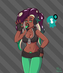 animal_humanoid big_breasts blueumbra breasts camel_toe cephalopod cephalopod_humanoid cleavage clothed clothing coleoid dark_skin eyelashes female humanoid lipstick looking_at_viewer makeup marina_(splatoon) marine marine_humanoid mollusk mollusk_humanoid navel nintendo nipples octarian octoling octopodiform simple_background solo splatoon suckers tentacle tongue tongue_out video_games zipper zipper_pull_tab