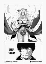 1boy 1girls blonde_hair breasts english_text female gray_scales greyscale hiyuki_(wuthering_waves) large_breasts li9999 long_hair male_rover_(wuthering_waves) miko monochrome navel rover_(wuthering_waves) suddenly_naked thick_thighs thighs wuthering_waves