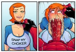 1boy 1girl ahegao ai_generated alien ben_10 big_penis blush breasts_bigger_than_head bustybunz choker choker_snap choker_snapping clothing_aside cum_drip cum_in_mouth cum_on_face cum_vomit deepthroat devil_hs_(copied_style) devilhs_(ai_artstyle) drooling english_text excessive_cum fellatio four_arms gwen_tennyson hetero huge_penis interspecies irrumatio larger_male multiple_views oral partial_male red_penis rolling_eyes saliva size_difference smaller_female sweat tagme tears throat_fucking