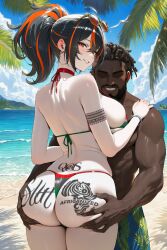 1boy 1girls ai_generated beach bikini black_hair choker cloud dark-skinned_male edit fat_ass hands_on_ass hoop_earrings interracial looking_back orange_hair pale-skinned_female palm_tree pan-african_flag pan-african_flag_bikini parted_lips qos qos_tattoo queen_of_spades seductive_smile smile sunglasses sunglasses_on_head water zenless_zone_zero zhu_yuan