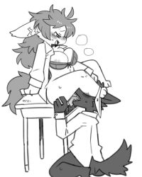 2024 4:5 absurd_res anthro big_breasts biped blush bottomless bottomless_anthro bottomless_male bra breasts breath canid canine canis clothed clothed_anthro clothed_female clothed_male clothing clothing_around_legs cunnilingus curvy_figure digital_drawing_(artwork) digital_media_(artwork) dog_tail domestic_dog duo ear_scar female furniture hi_res intraspecies kneeling_oral_position looking_down looking_down_at_partner loomy_(comifur) male male/female mammal monochrome mostly_nude mostly_nude_anthro mostly_nude_female nifram_logan obscured_eyes on_table open_clothing open_topwear oral panties panties_around_legs pizademokttero plantigrade scar sex sharp_teeth shirt side_view simple_background sitting sitting_on_table slim slim_anthro slim_male table teeth thick_thighs topwear underwear underwear_around_legs vaginal white_background wide_hipped_anthro wide_hipped_female wide_hips wolf