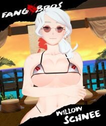 1girls arms_under_breasts arrancon bikini bikini_bottom bikini_top blue_eyes cover_page fangbros half-dressed half_naked half_naked_female rwby solo_female sunglasses white_hair white_hair_female willow_schnee