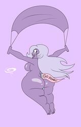 1girls amethyst_(steven_universe) ass barefoot between_buttocks big_ass breasts cartoon_network commission completely_nude completely_nude_female dat_ass female female_only flag frostbiteboi funny gem_(species) holding_object_between_buttocks humor long_hair nude parachute parody patreon_reward public_nudity purple_skin sideboob solo spongebob_reference steven_universe streaking thick white_hair