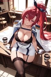 kiraamane ai_generated patreon seductive sexy uncensored watermark hi_res high_quality high_resolution wichita_(azur_lane) azur_lane breasts bra gloves garter_straps sitting black_legwear underwear thighhighs jacket_on_shoulders looking_at_viewer 1girl black_bra large_breasts lace-trimmed_bra white_gloves smile red_eyes long_hair solo indoors lace jacket red_hair miniskirt skirt on_desk collarbone ponytail epaulettes bangs cleavage potted_plant blush window crossed_legs thighs table plant cup desk ribbon coffee_mug hair_ribbon hair_between_eyes