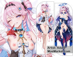 blue_gloves dakimakura dakimakura_design denia_(wuthering_waves) female female_only long_hair looking_at_viewer medium_breasts nipples pink_hair purple_eyes red_gloves solo stuffed_toy white_dress wuthering_waves