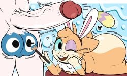 2026 absurd_res anthro brush duo eyebrows eyelashes eyeshadow female hi_res holding_brush holding_object human lagomorph luanctoons makeup male male/female mammal open_mouth open_smile smile teeth tongue