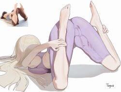 1futa absurdres artist_name ass barefoot bilingual_commentary blonde_hair bound_puppy_pose breast_press breasts bulge cameltoe commentary covered_penis covered_pussy covered_testicles english_commentary enid_(tagua) full-package_futa futanari highres large_penis long_hair medium_breasts mixed-language_commentary original pants penis photo-referenced pink_pants pussy reference_inset simple_background solo sports_bra tagua testicles top-down_bottom-up white_background yoga yoga_pants yoga_pose_meme_2026