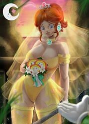 1boy 1girls big_breasts blue_eyes blush breasts brown_hair cleavage clothing curvy detailed_background female fire_flower lilsleepymoon looking_at_viewer luigi male male_pov mario_(series) nintendo pov princess_daisy standing super_mario_bros. super_mario_odyssey thick torn_clothes unseen_male_face video_games wedding_peach_(super_mario_odyssey)_(cosplay) wide_hips yellow_dress