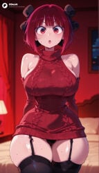 cartoony cartoon big_ass big_breasts large_breasts large_ass 1girls 1girl straight female solo_focus female_focus blurry_background blurred_background depth_of_field breasts ass thin_waist small_waist ai_generated odexai thick_thighs wide_hips absurd_res absurdres hi_res highres high_resolution high_quality arima_kana oshi_no_ko window red_eyes red_hair bob_cut thighs blush bare_shoulders open_mouth short_hair alternate_breast_size inverted_bob medium_hair sleeveless_sweater :o sideboob on_bed thighhighs panties garter_straps sweater dress black_panties detached_sleeves turtleneck gloves sleeveless turtleneck_sweater sweater_dress hair_bow hair_ribbon elbow_gloves pantyshot red_dress aran_sweater sweatdrop looking_at_viewer arms_behind_back standing bedroom bow solo curvy blurry cowboy_shot lamp underwear sweat black_thighhighs red_sweater indoors skindentation cable_knit curtains virgin_killer_sweater black_bow bed black_ribbon meme_attire black_garter_straps turtleneck_dress