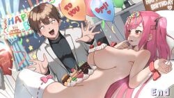 1boy 1girl big_breasts birthday breasts cake candy candy_cane cherry cream_on_body cream_on_breasts desser display feast finger_in_mouth food food_on_body food_on_breasts game_cg good_end happy_birthday image immoral_bathhouse inviting lollipop long_hair macaron_(food) mio_(immoral_bathhouse) nyotaimori on_back on_bed pink_hair ribbon ryuji_(immoral_bathhouse) sweet tagme thighhighs video_games whipped_cream wristband