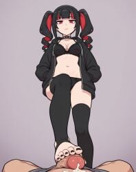 1boy 1girls ai_generated annoyed bangs black_hair bored bra choker cleavage cum cum_drip cum_leak eye_contact feet femdom foot_fetish footjob from_below hands_in_pockets hoodie looking_at_viewer low-angle_view male_pov malesub midriff multicolored_hair navel nude open_clothes panties penis plain_background pov red_eyes red_hair spiked_choker spiked_collar standing_footjob stirrup_legwear submissive_male submissive_pov thighhighs toeless_legwear toes twintails